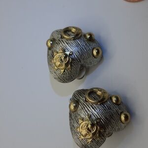 Textured Silver Clip-On Earrings with Gold Details
